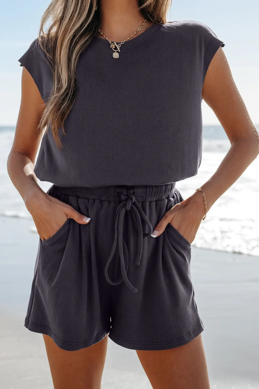 Knit Open Back Cap Sleeve Drawstring Romper