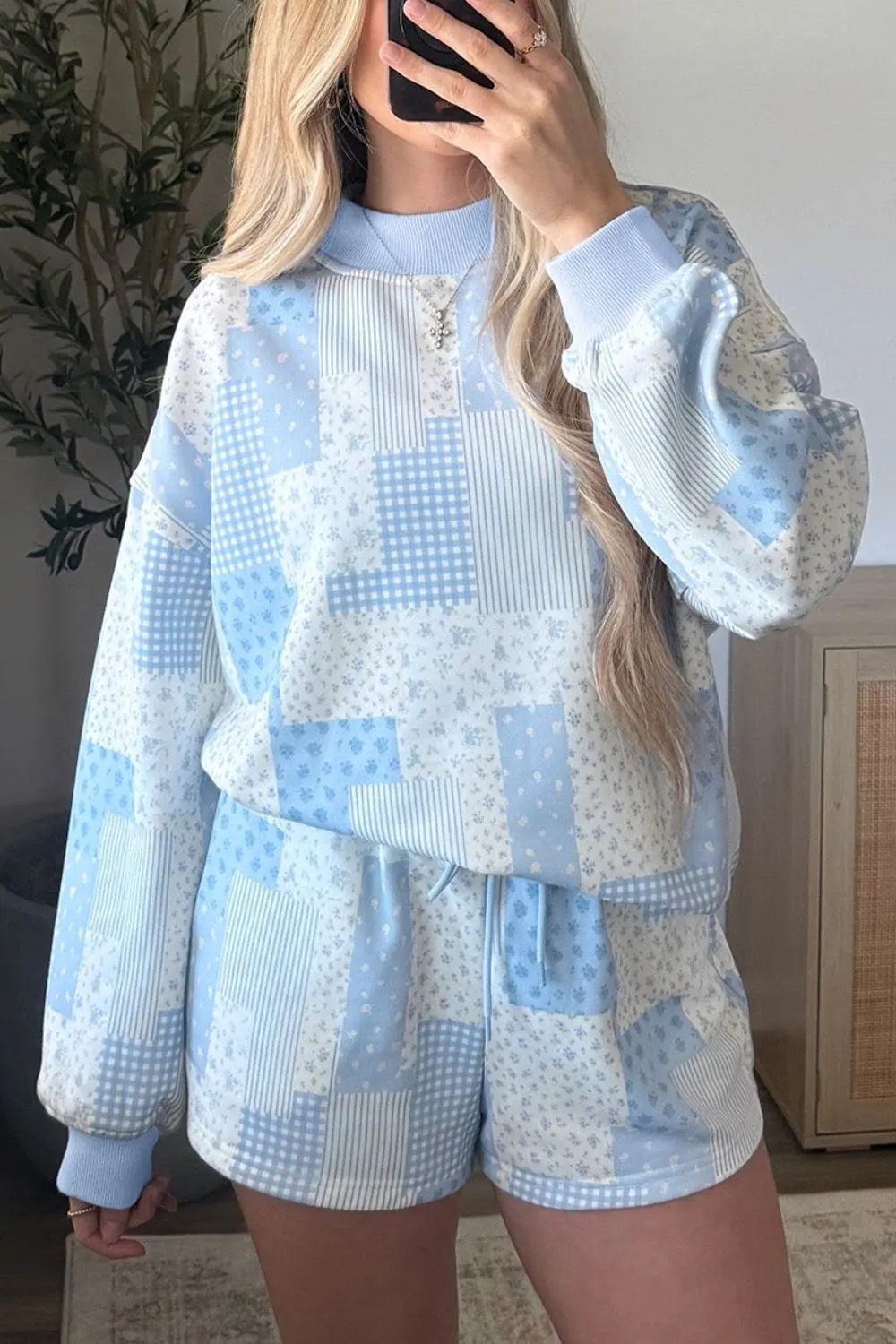 Patchwork Floral Print Stand Neck Long Sleeve Two-piece Outfit Plus Size Set