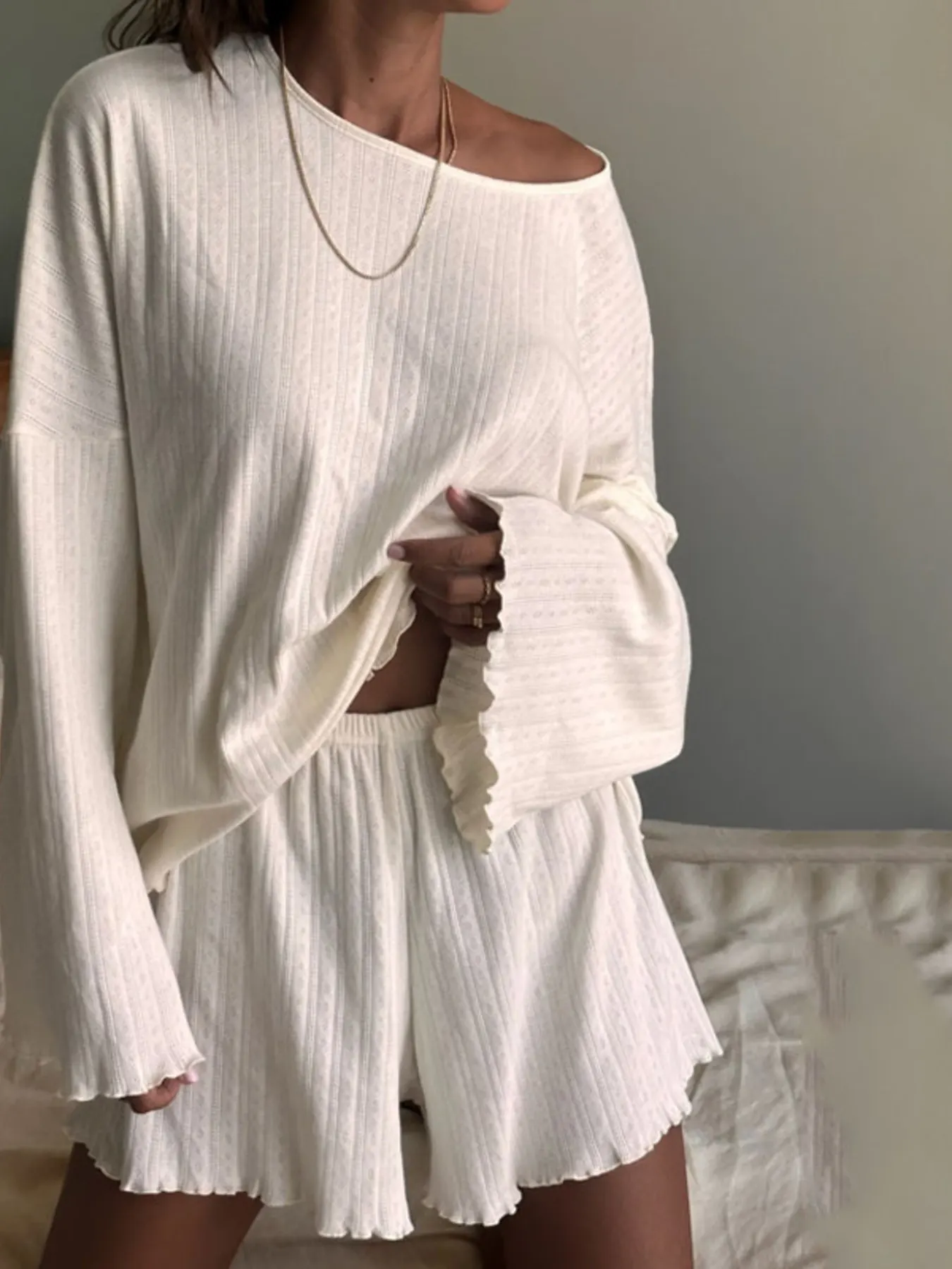 Ribbed Knit Long Sleeve Top and Shorts Lounge Set